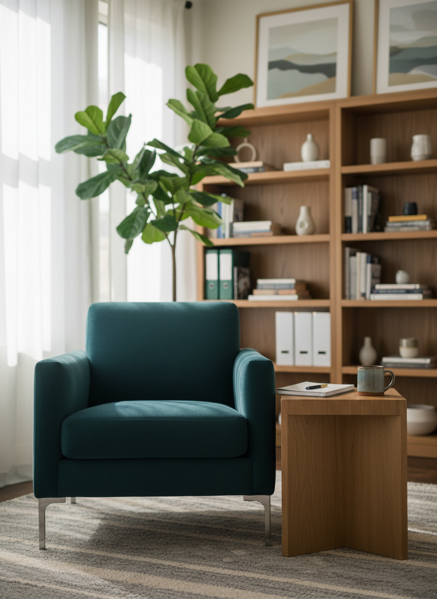 A warmly lit psychotherapy office without any people, featuring a deep teal upholstered armchair beside a low, natural oak side table holding a neatly stacked notebook and a ceramic mug. A textured woven rug in soft gray tones grounds the scene, while a tall plant with broad green leaves softens the corner. Soft afternoon light filters through sheer white curtains, creating gentle, calming shadows on the walls. Shot at eye level with a slightly shallow depth of field so the foreground chair is in crisp focus and the background bookcase and artwork blur softly. The photographic realism and clean, modern aesthetic communicate safety, professionalism, and a grounded, welcoming atmosphere for mental health care.