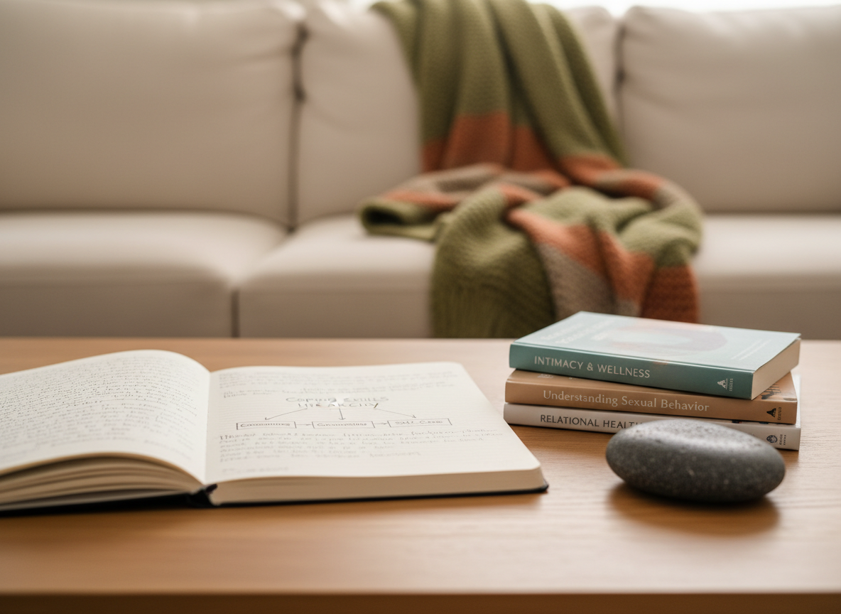 A close-up, photographic realistic image of a therapist’s open notebook on a wooden coffee table, filled with neat, partially blurred handwritten notes and a simple diagram about coping skills. Beside it lies a small stack of discreetly titled psychology books related to sexual health and behavior, with only calming, professional covers visible. A weighted, dark stone stress-relief object sits nearby, its matte surface catching soft overhead light. The background shows an out-of-focus, comfortable sofa with a folded knit throw in muted earth tones. Shot from a low, side angle with shallow depth of field, the lighting is warm and even, creating a focused yet gentle atmosphere that conveys thoughtful, evidence-based care and grounded clinical expertise.