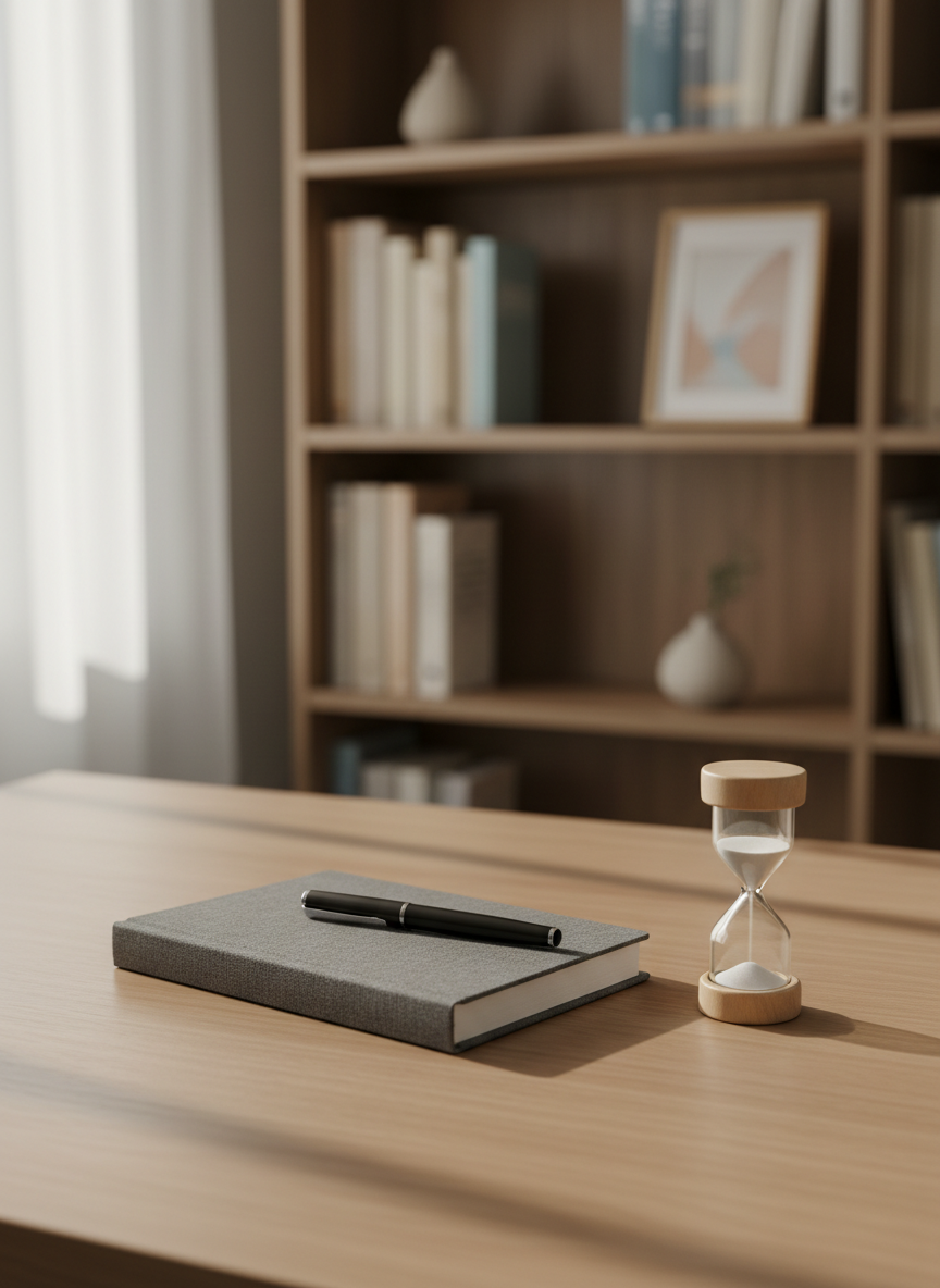 psychotherapy A minimalist wooden desk in a quiet therapy office, with a closed, charcoal-gray hardcover journal centered on a smooth surface, a fine-tip pen resting diagonally across it, and a small sand timer half-finished nearby. In the background, a blurred bookshelf displays neutral-toned psychology books and subtle decor. Soft, diffused morning light enters from the left, casting gentle shadows that emphasize texture without harshness. The mood is reflective and composed, suggesting thoughtful work and structured support. Captured in photographic realism from a slightly elevated angle using the rule of thirds, with a calm color palette of warm woods, soft grays, and muted blues that conveys clarity, focus, and professional care in psychotherapy.