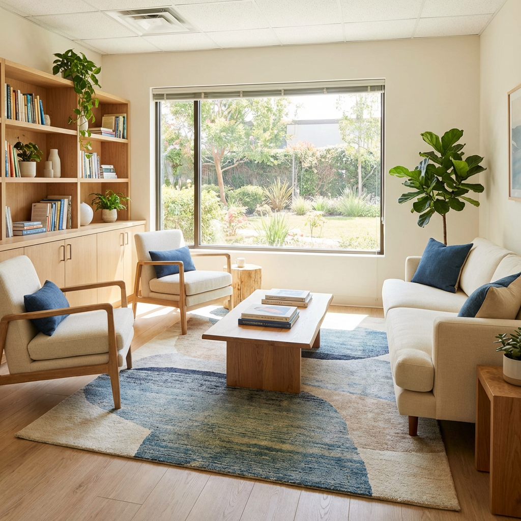 psychotherapy Modern living room with two armchairs, a sofa, and large window overlooking a garden.